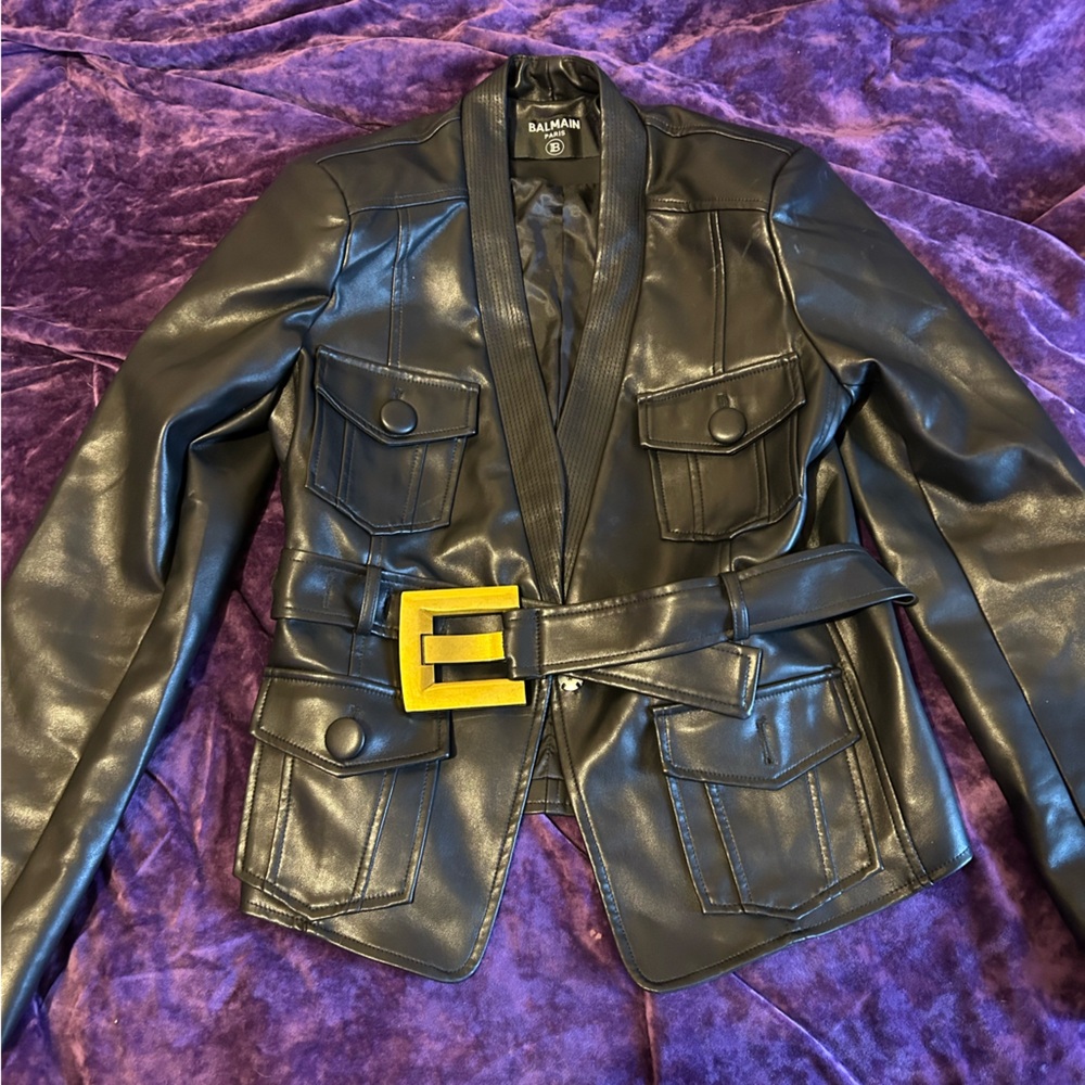 Balmain Black Leather Jacket with Gold Accent - Picture 2 of 4